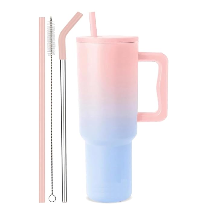 Stainless Steel Tumbler Bottle with 2 Straws, Double Wall Vacuum Insulated Hot & Cold Cup