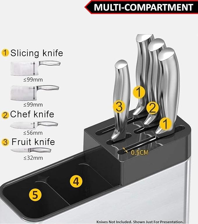 Compartment Knife and Cutlery Holder for Kitchen with Drain Hole at Bottom Stainless Steel
