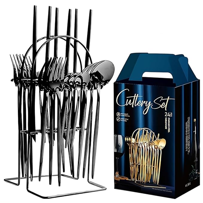 Stainless Steel 24 Pieces Black Cutlery Set