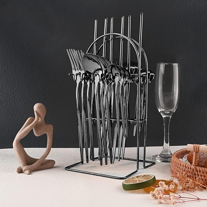 Stainless Steel 24 Pieces Black Cutlery Set