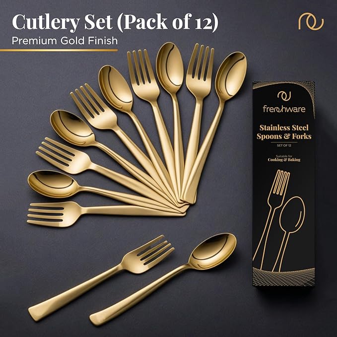 Set of 12, Stainless Steel PVD Gold Spoons 6 and Forks 6