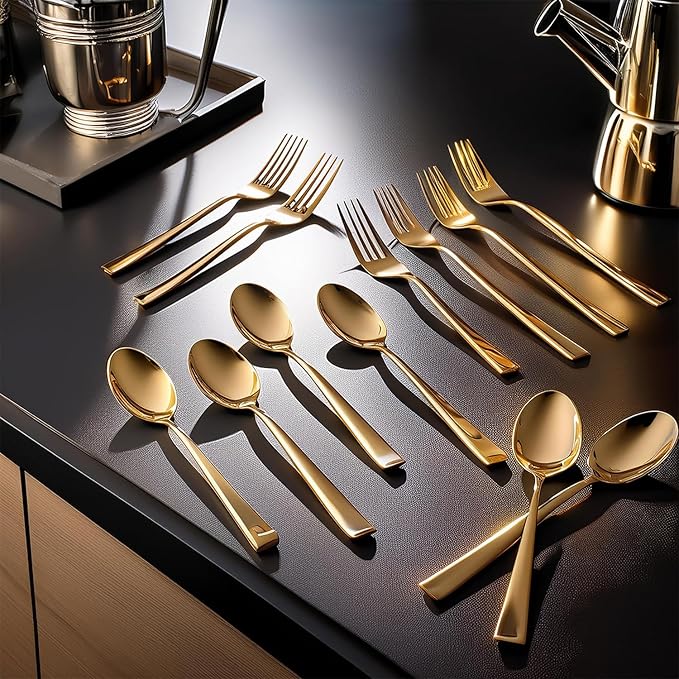 Set of 12, Stainless Steel PVD Gold Spoons 6 and Forks 6