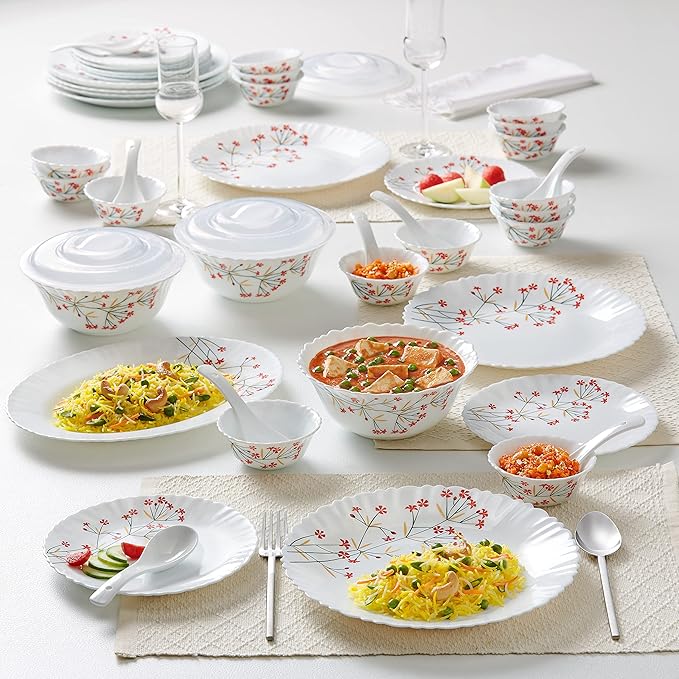 Larah by Borosil Red Bud Silk Series Opalware Dinner Set