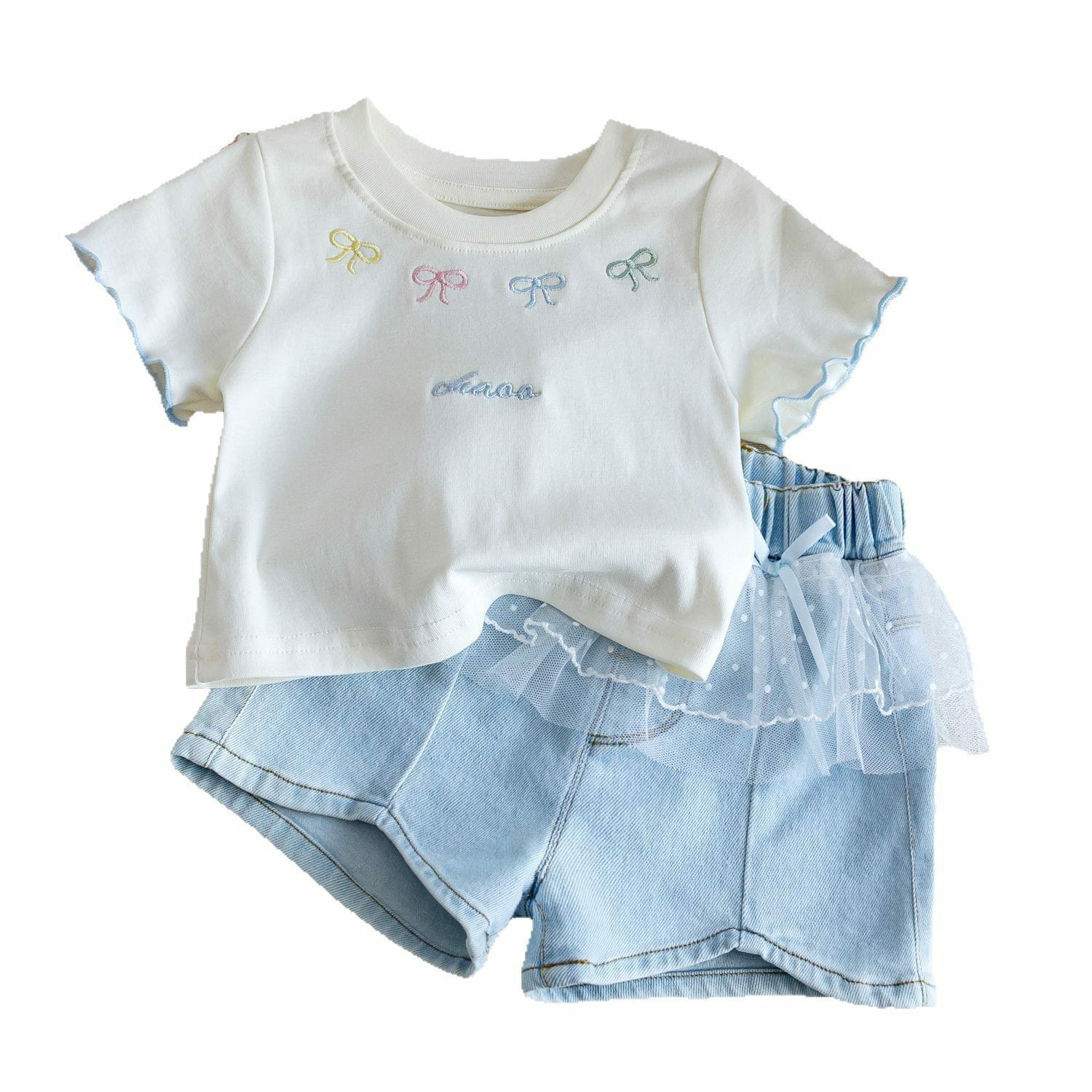 Girl's Cute Bow Short Sleeve T-shirt Set And Baby Girl Mesh Splicing Denim Shorts ﻿