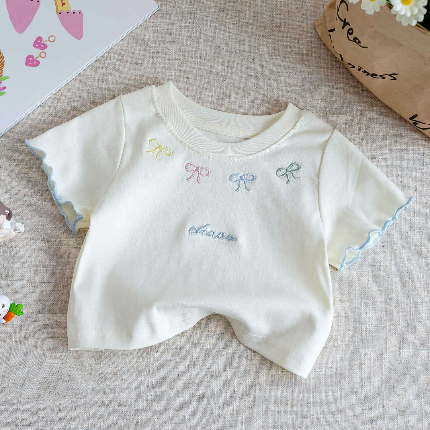 Girl's Cute Bow Short Sleeve T-shirt Set And Baby Girl Mesh Splicing Denim Shorts ﻿