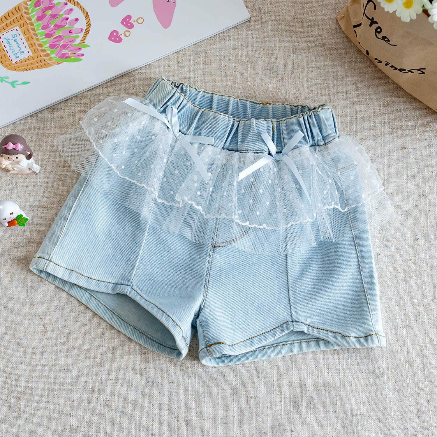 Girl's Cute Bow Short Sleeve T-shirt Set And Baby Girl Mesh Splicing Denim Shorts ﻿
